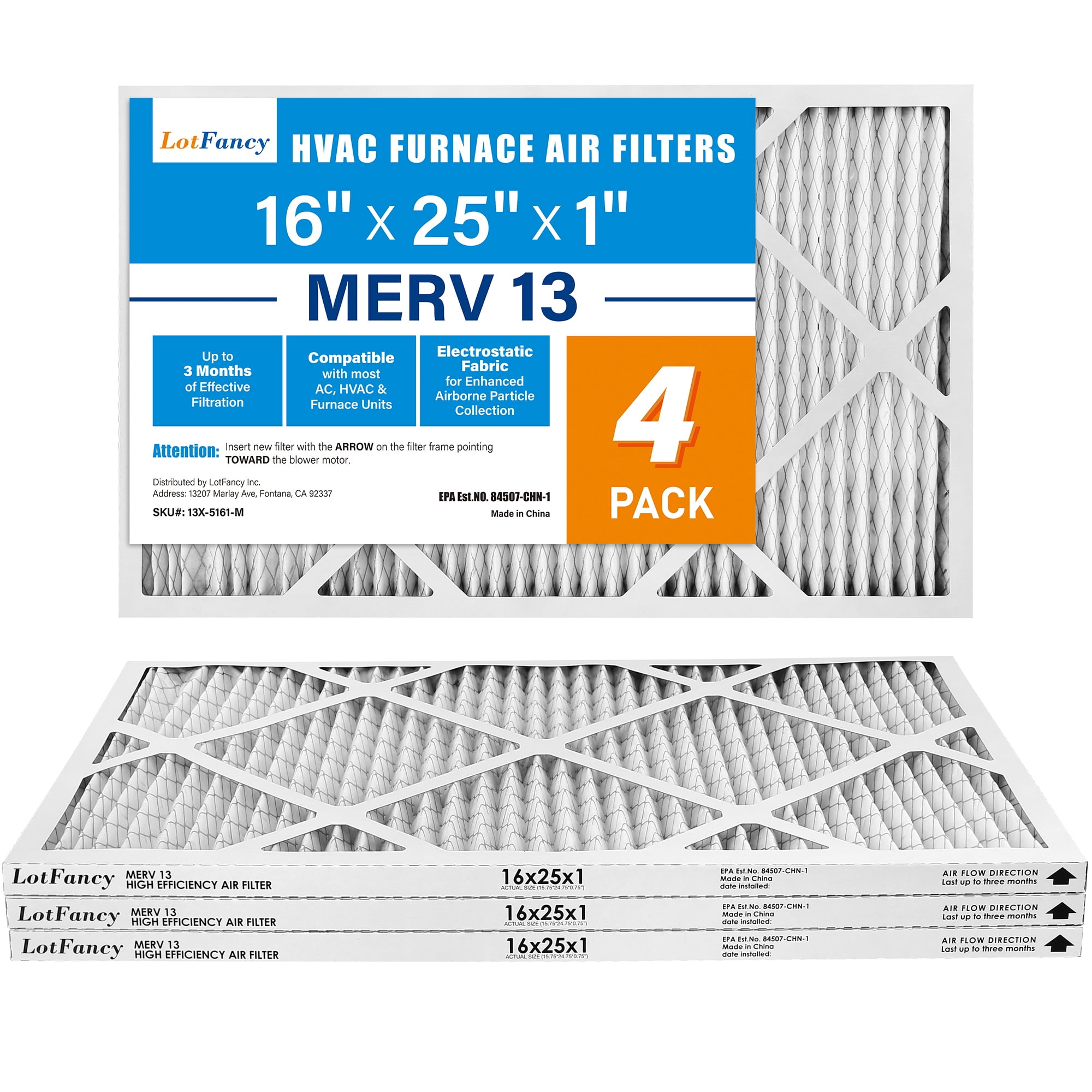 LotFancy MERV 13 HVAC AC Furnace Filters, 16x25x1, 4 Pack, Capture 98