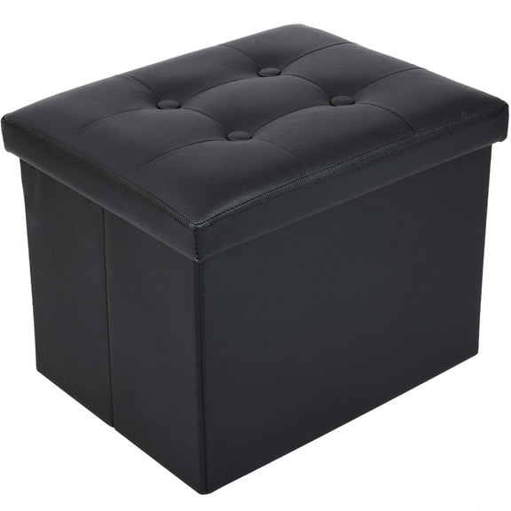 LotFancy 17 in Storage Ottoman Cube, Foot Stool Ottoman, Black Faux Leather, 17x13x13 in