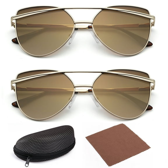 LotFancy 2 Cateye Sunglasses for Adult Women Female with Case, Brown Gradient