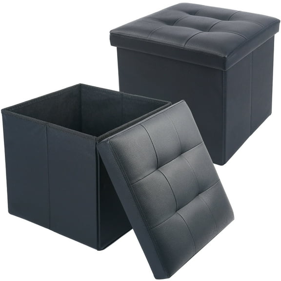 LotFancy 2 Pack 13" Faux Leather Storage Ottoman Cube, Square Foot Stool Ottoman with Storage, Black