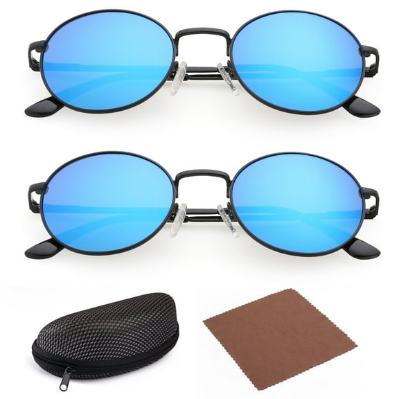 LotFancy 2 Round Sunglasses for Unisex Child Kids Girl Boys, Blue Lens