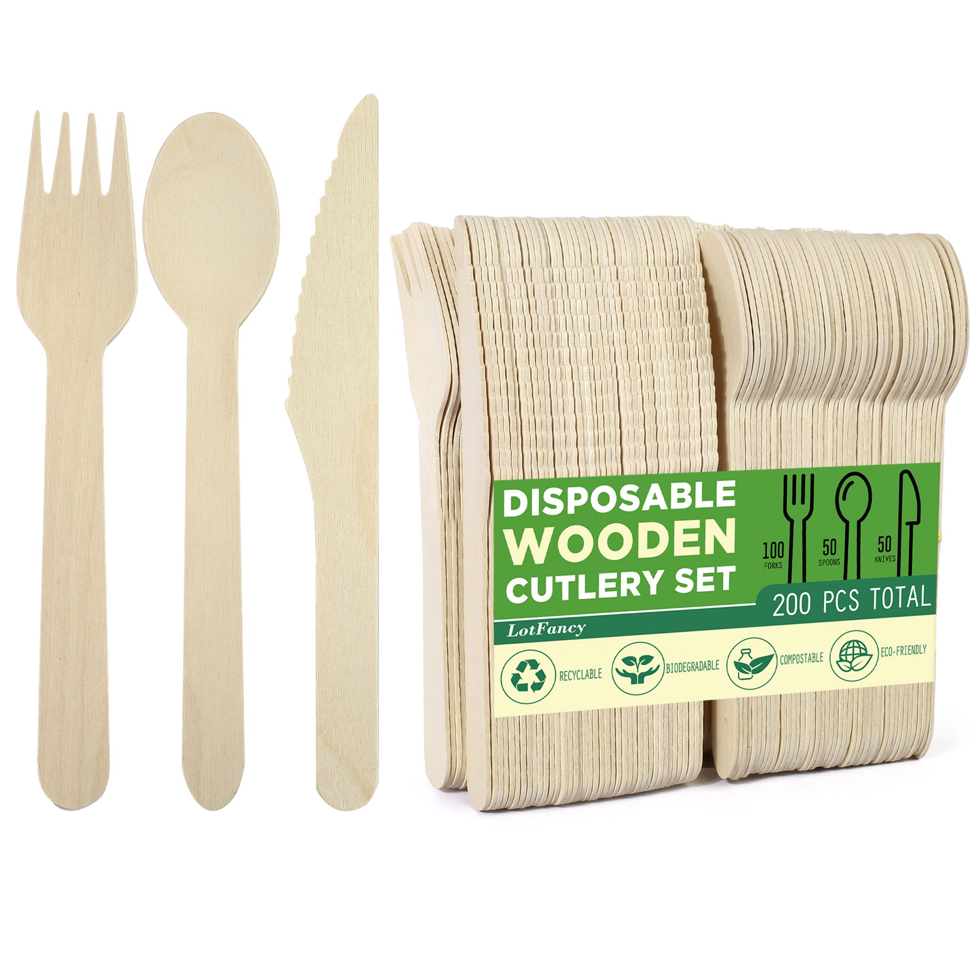 Disposable Wooden Cutlery Utensils Set ‚(Pack of 275) 110 Forks 55 Knives 110 Spoons, 5.5inch