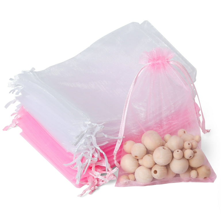 LotFancy 200 Pcs Organza Bags 4x6, Pink White Mesh Jewelry Bags