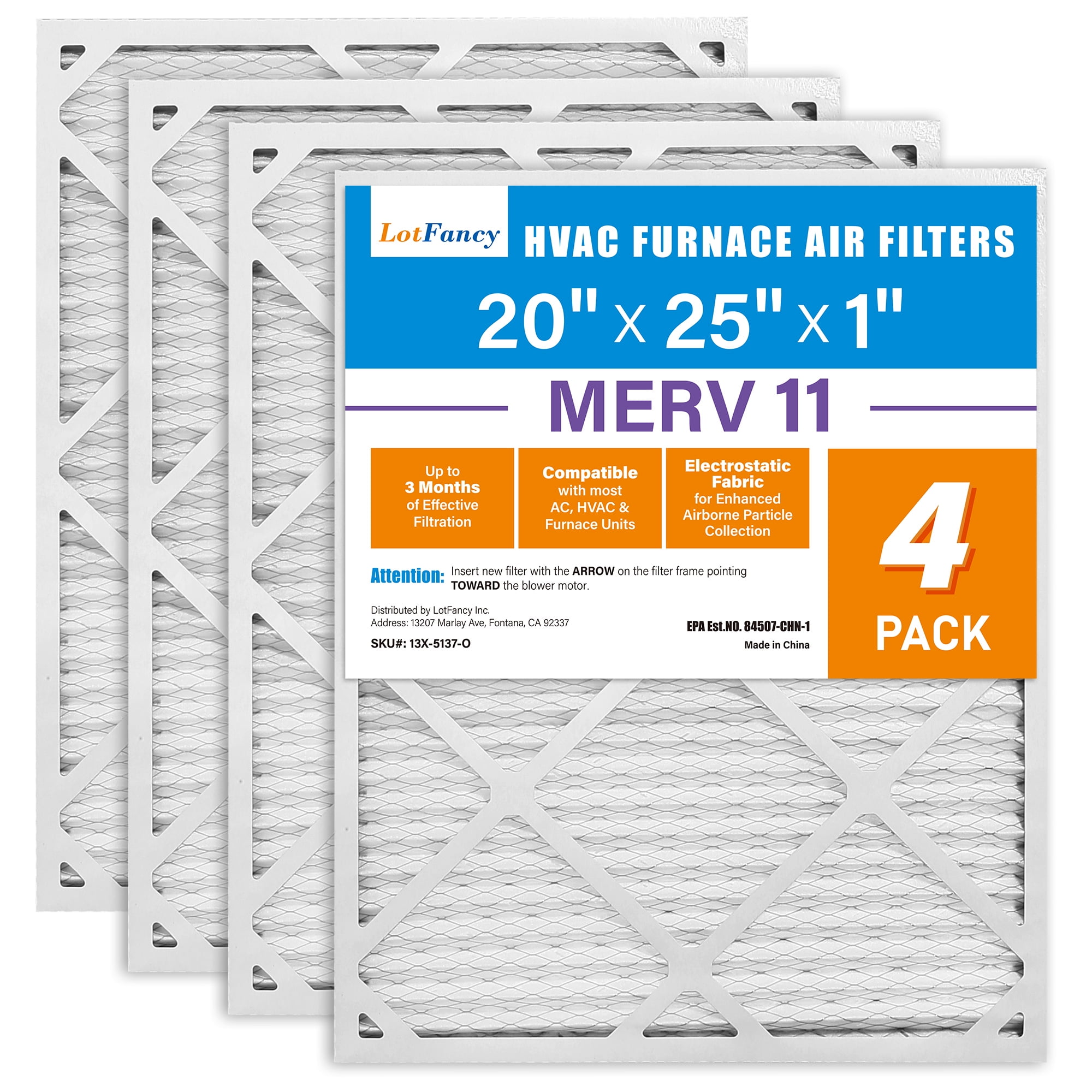 LotFancy 20x25x1 MERV 11 HVAC AC Furnace Filters, 4 Pack, 95 Particle Capture