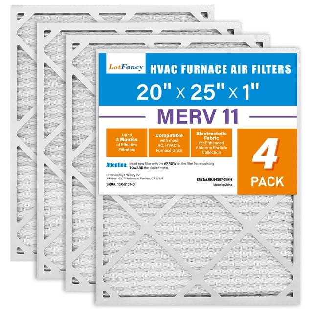 LotFancy 20x25x1 Air Filters, 4 Pack, MERV 11 Pleated HVAC AC Furnace