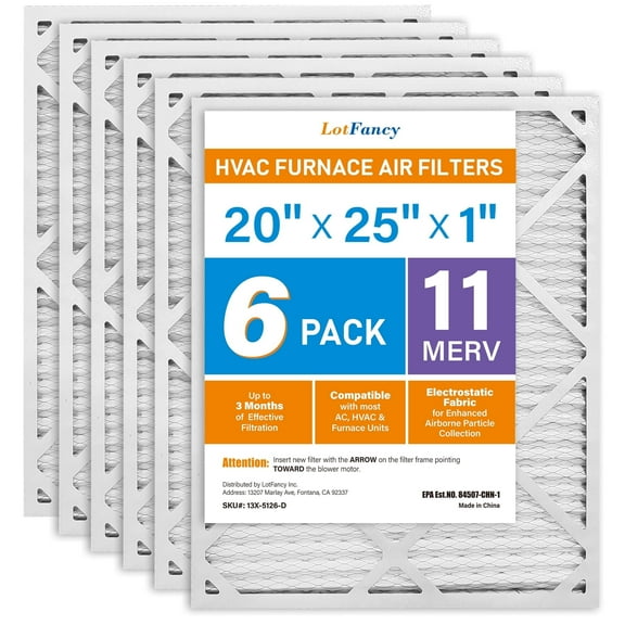 LotFancy 20x25x1 Air Filters, 6 Pack, MERV 11 Pleated HVAC AC Furnace Filters