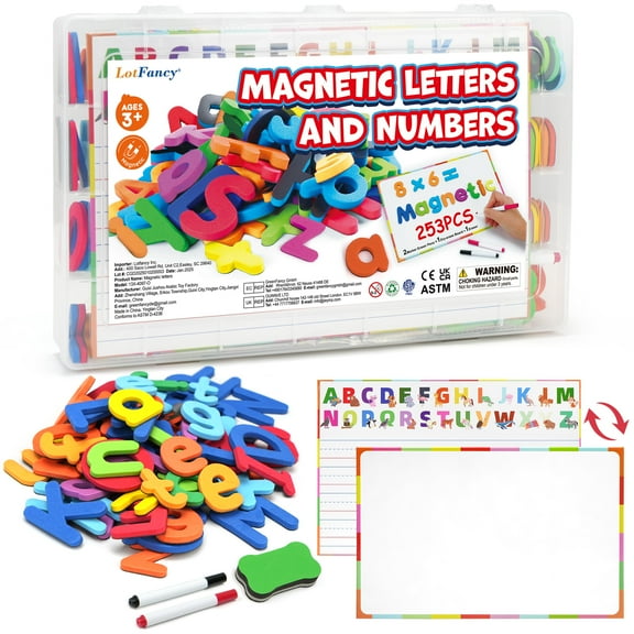 LotFancy 253 Pcs Magnets Alphabet Letters and Numbers Kit w/Magnet Board for Kids Spelling, Learning