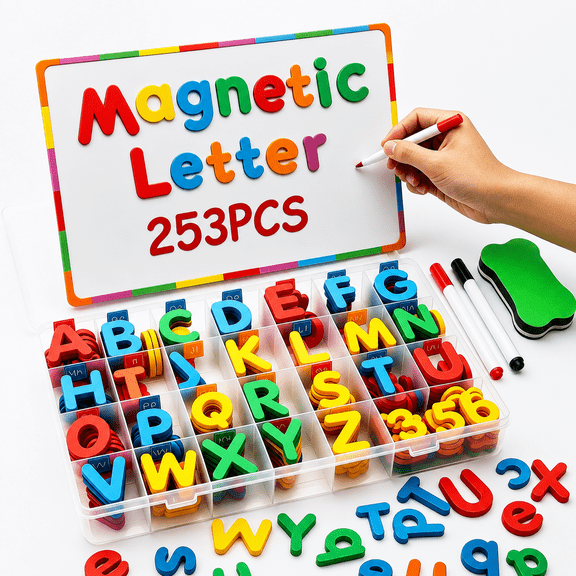 LotFancy Magnets Alphabet Letters and Numbers Kit 253 Pcs w/Magnet Board for Kids Spelling, Learning