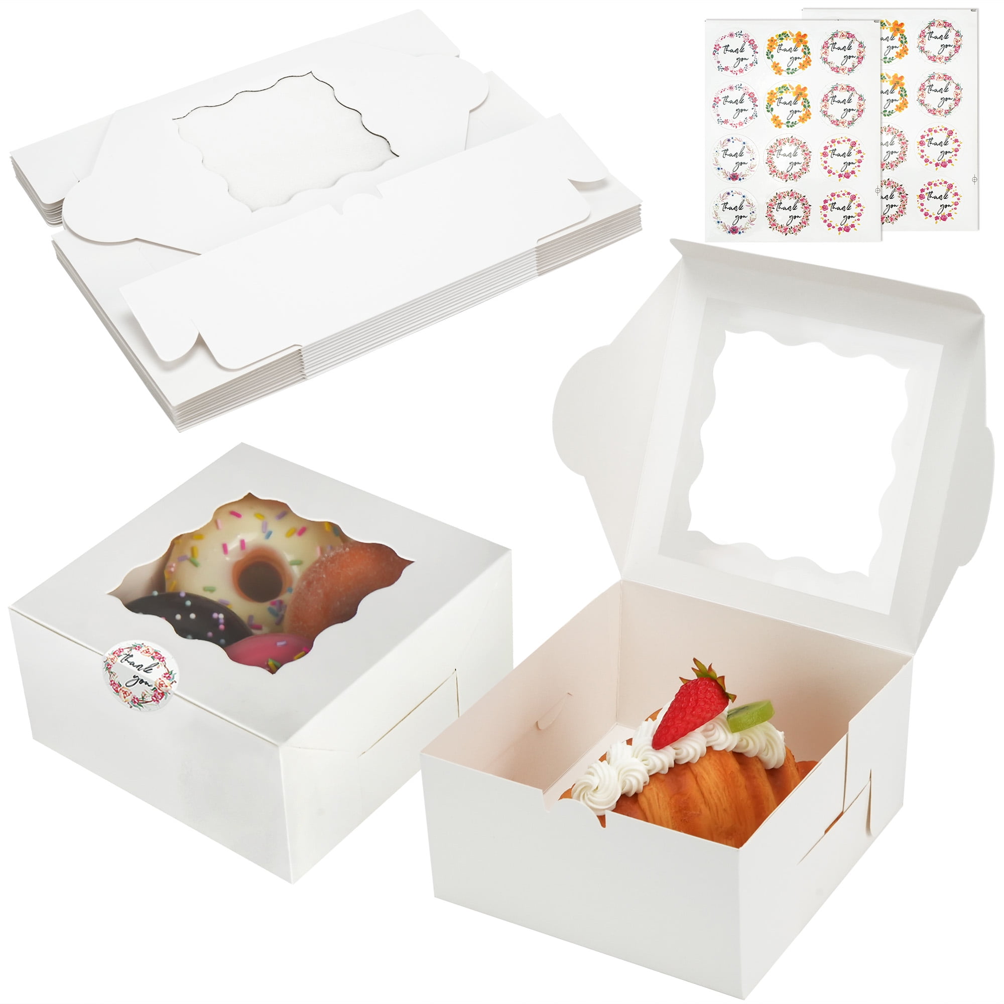 LotFancy White Cookie Boxes with Window, 6x6x3 in Bakery Boxes, 24 Pcs Mini Cake Boxes for Dessert