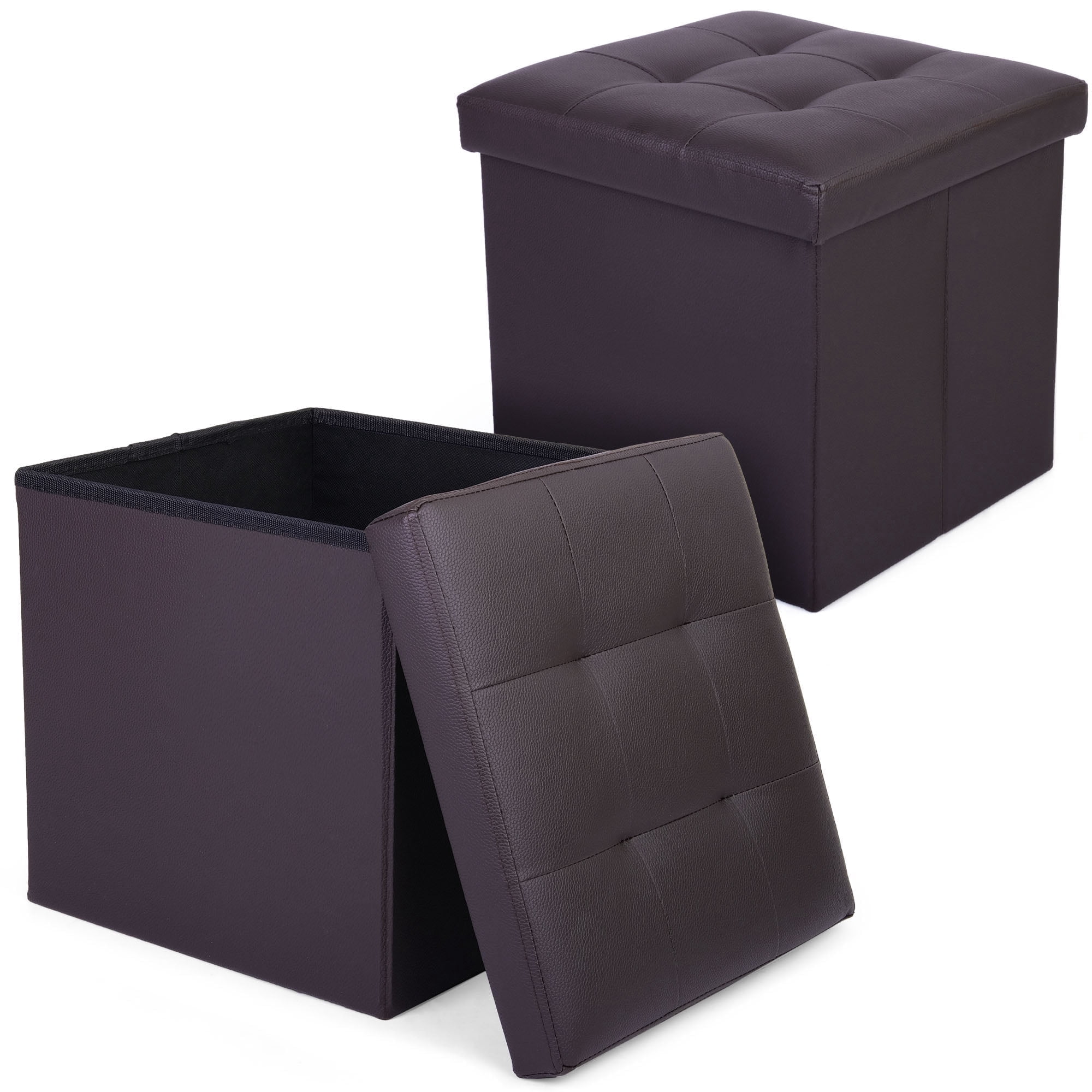 LotFancy 2 Pack 13" Faux Leather Storage Ottoman Cube, Square Foot Stool Ottoman with Storage, Brown