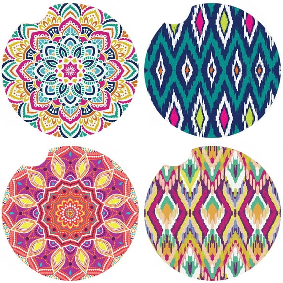 LotFancy 4 Car Ceramic Coasters, Boho Absorbent Car Cup Holder Coasters, 2.56 in, Multicolor