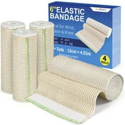LotFancy 4 Pack Cotton Compression Bandages 6 inches x 15 feet, Hypoallergenic Compression Roll