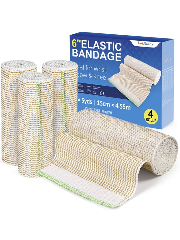 4 Pack Cotton Compression Bandages 6 inches x 15 feet, Hypoallergenic Compression Roll