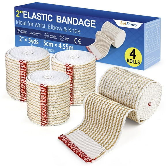LotFancy 4 Pcs Cotton Elastic Bandage Wrap, 2 inches x 15 feet , Cotton Compression Bandages