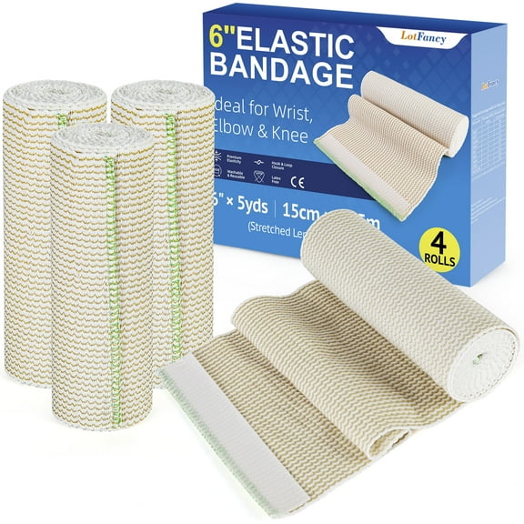 LotFancy 4 Pcs Cotton Elastic Bandage Wrap  6" x 15 FT, Hypoallergenic Compression Roll