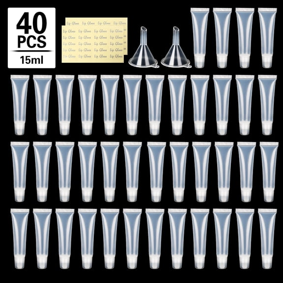 LotFancy 40 Pcs 15ml Empty Lip Gloss Tubes, Clear Refillable Tubes with 2 Funnels, 40 Stickers
