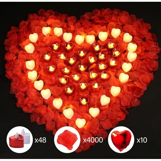 LotFancy 4000 Rose Petals with 48 White and Red Flameless Tea Lights