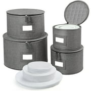 LotFancy 4Pcs China Storage Containers for Plate, Dinnerware, Hard Shell, Quilted Linen,Gray