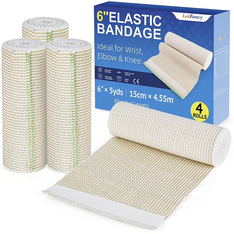 LotFancy 4Pcs Cotton Compression Bandages 6 Inches x 15 Feet, Hypoallergenic Compression Roll
