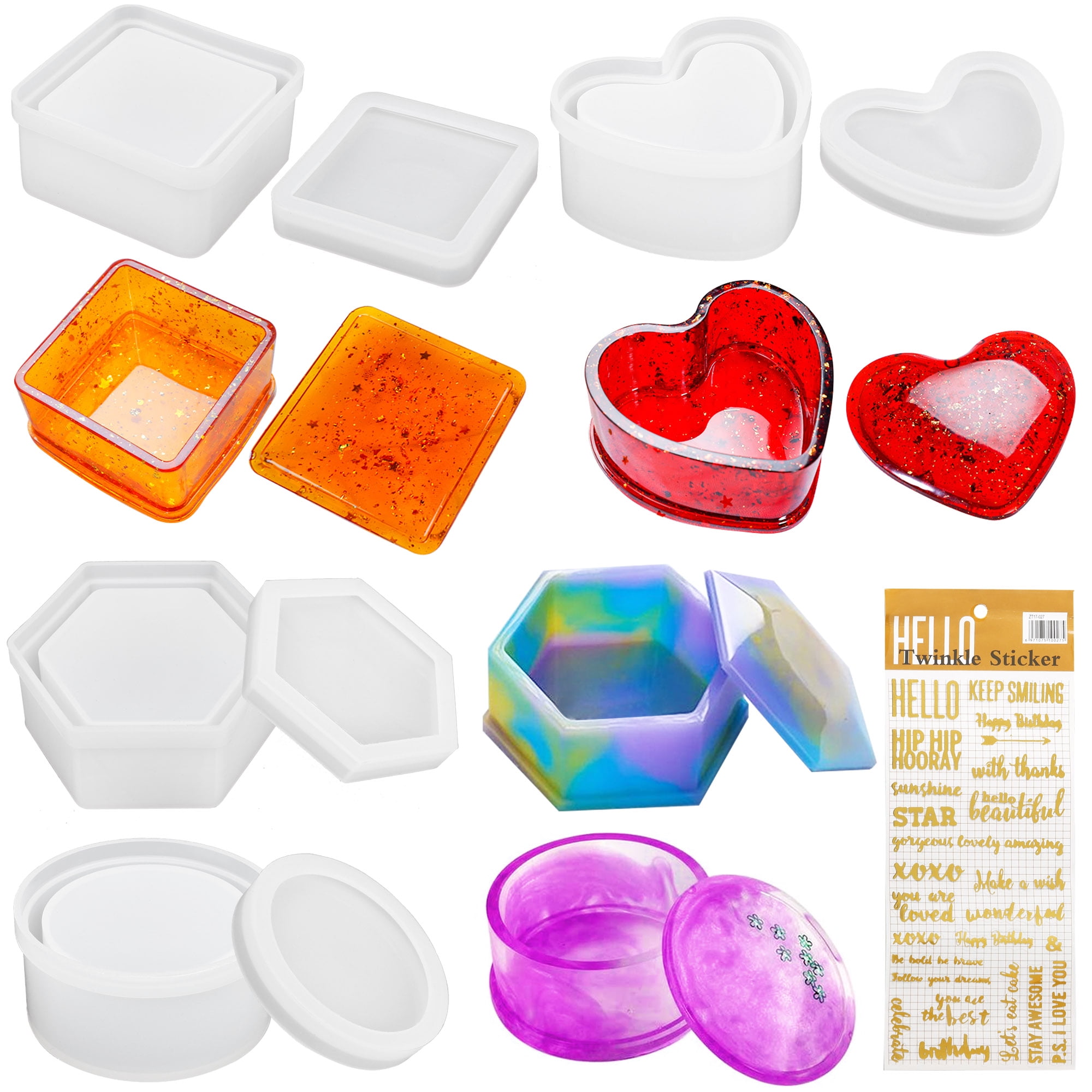 LotFancy 4Pcs Epoxy Resin Molds, Round Clear Hexagon Square Heart Shaped  Storage Box Molds 