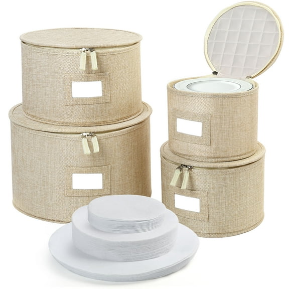 LotFancy 4pcs China Storage Containers for Plate, Dinnerware, Hard Shell, Beige, Quilted Linen