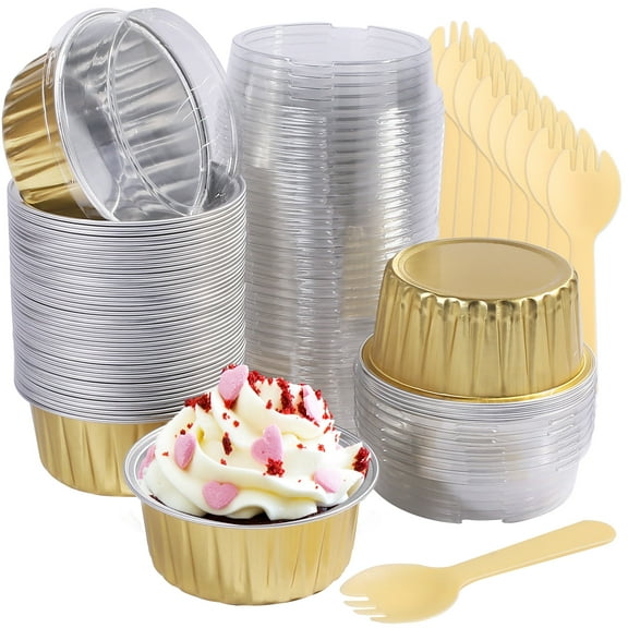 LotFancy 50 Aluminum Foil Baking Cups with Lids, Oven Safe Cupcake Liners, Mini Cake Pans, 5oz, Gold