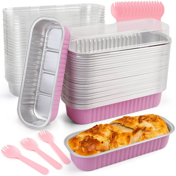 LotFancy 50 Aluminum Foil Mini Loaf Pans with Lids and Spoons, 6.5in Disposable Mini Cake Pans, Pink