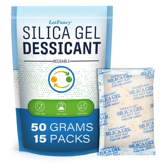 LotFancy 50 Gram 15 Packs Silica Gel Packets Desiccant Moisture Absorber Dehumidifier,Rechargeable
