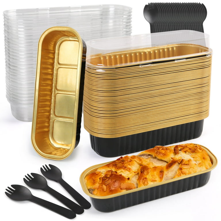 LotFancy 50 Mini Cake Pans with Lids and Spoons,6.8oz Disposable Aluminum  Foil Mini Loaf Pans, Black 
