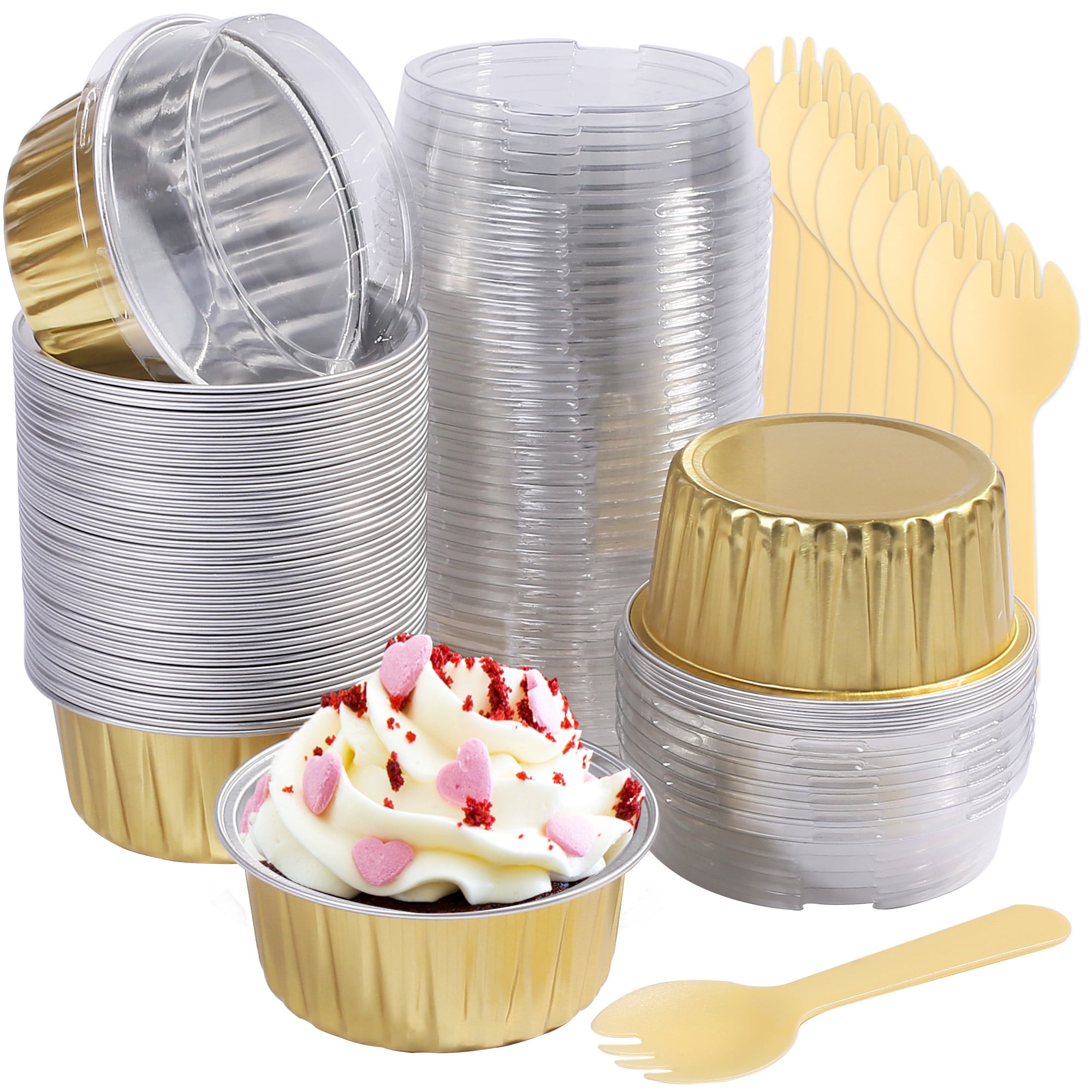 LotFancy 50Pack Aluminum Foil Baking Cups with Lids, 5oz Foil Ramekins with  Lids, Gold 