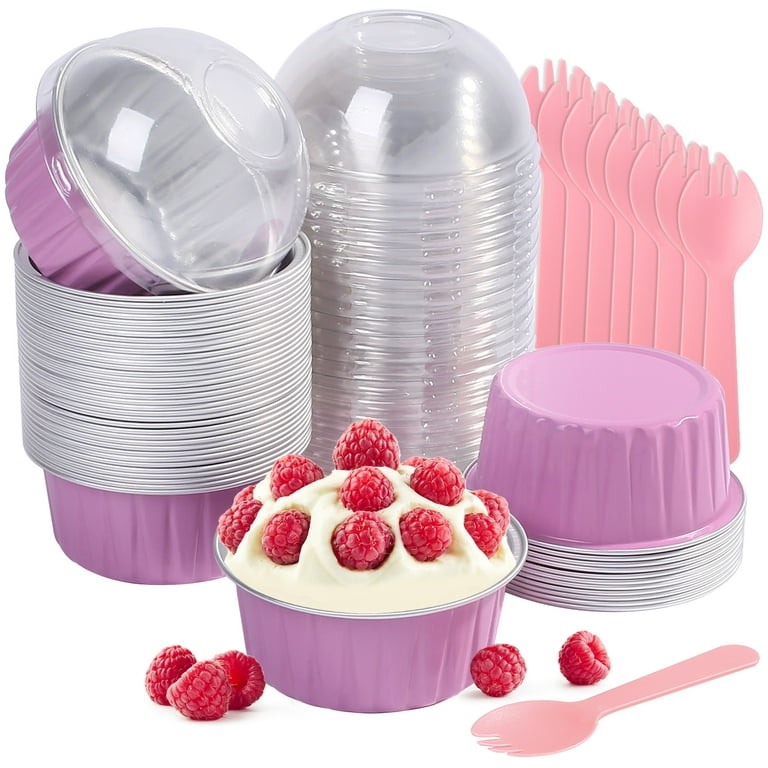 LotFancy 50Pack Aluminum Foil Baking Cups with Lids and Spoons, 5oz Cupcake  Liner, Pink