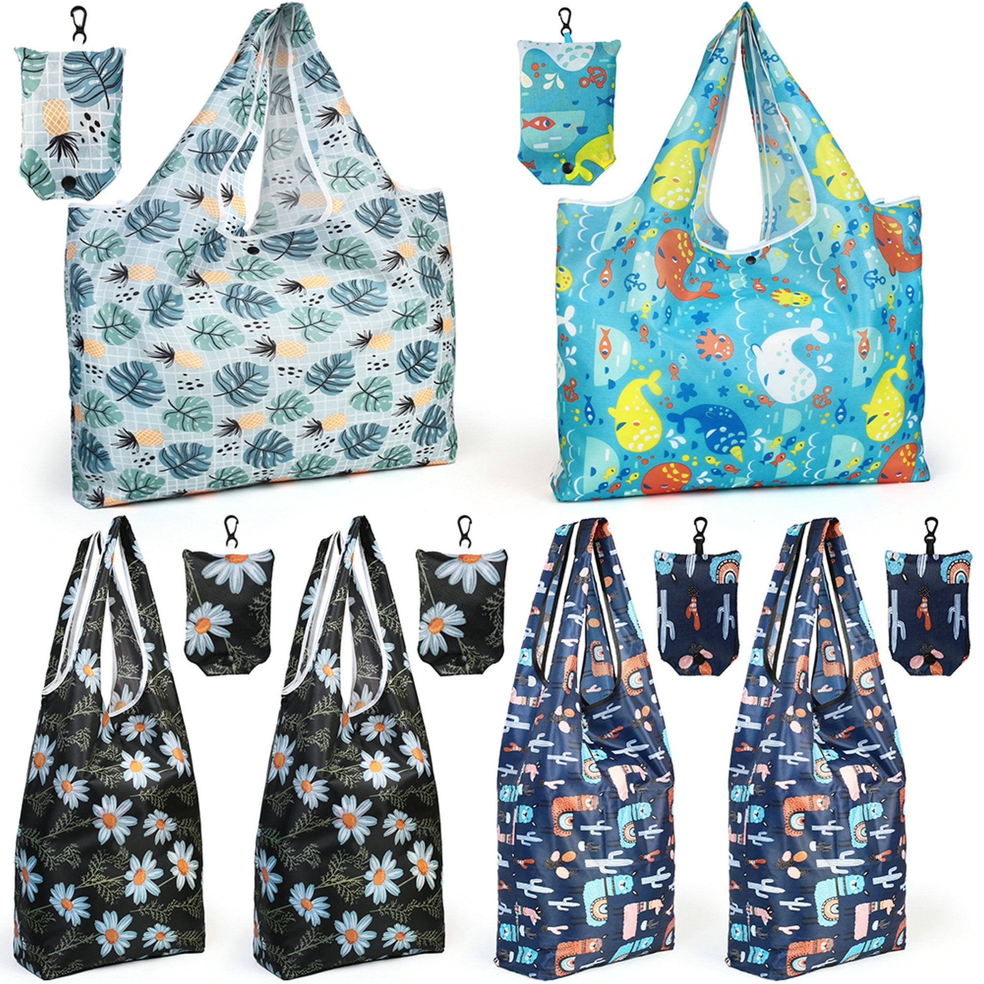 LotFancy 6 Nylon Shopping Bags Reusable Grocery Bags with Attached Pouch Multicolor