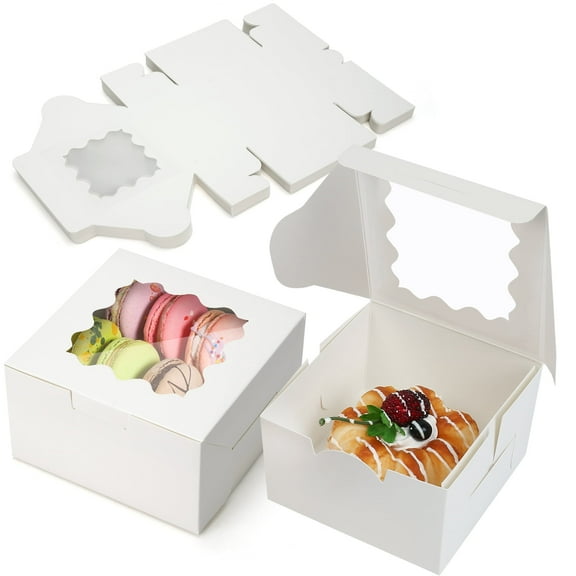 LotFancy 60 Pcs White Cookie Boxes with Window, 4x4x2.5 in Bakery Boxes, Mini Cake Boxes for Dessert