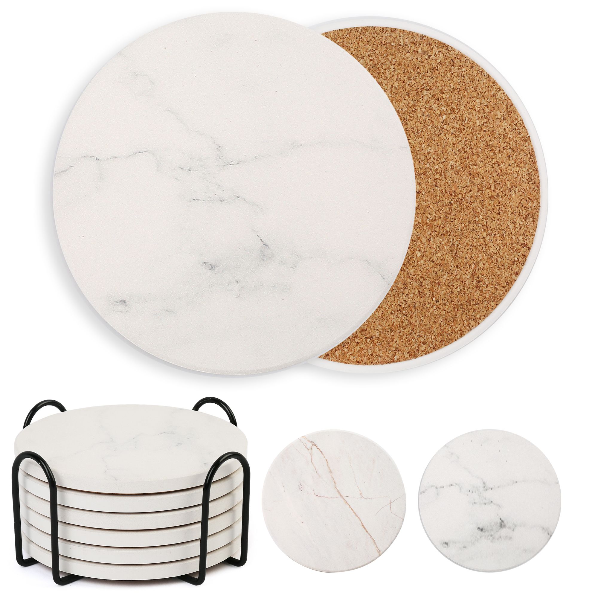 LotFancy 6Pcs 4 in Round Ceramic Coasters for Drinks Absorbent with Holder, Beige, Non-Slip - image 1 of 7