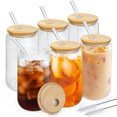 LotFancy 6Pcs Glass Cups with Bamboo Lids and Glass Straw, 16oz Can Shaped Drinking Glasses
