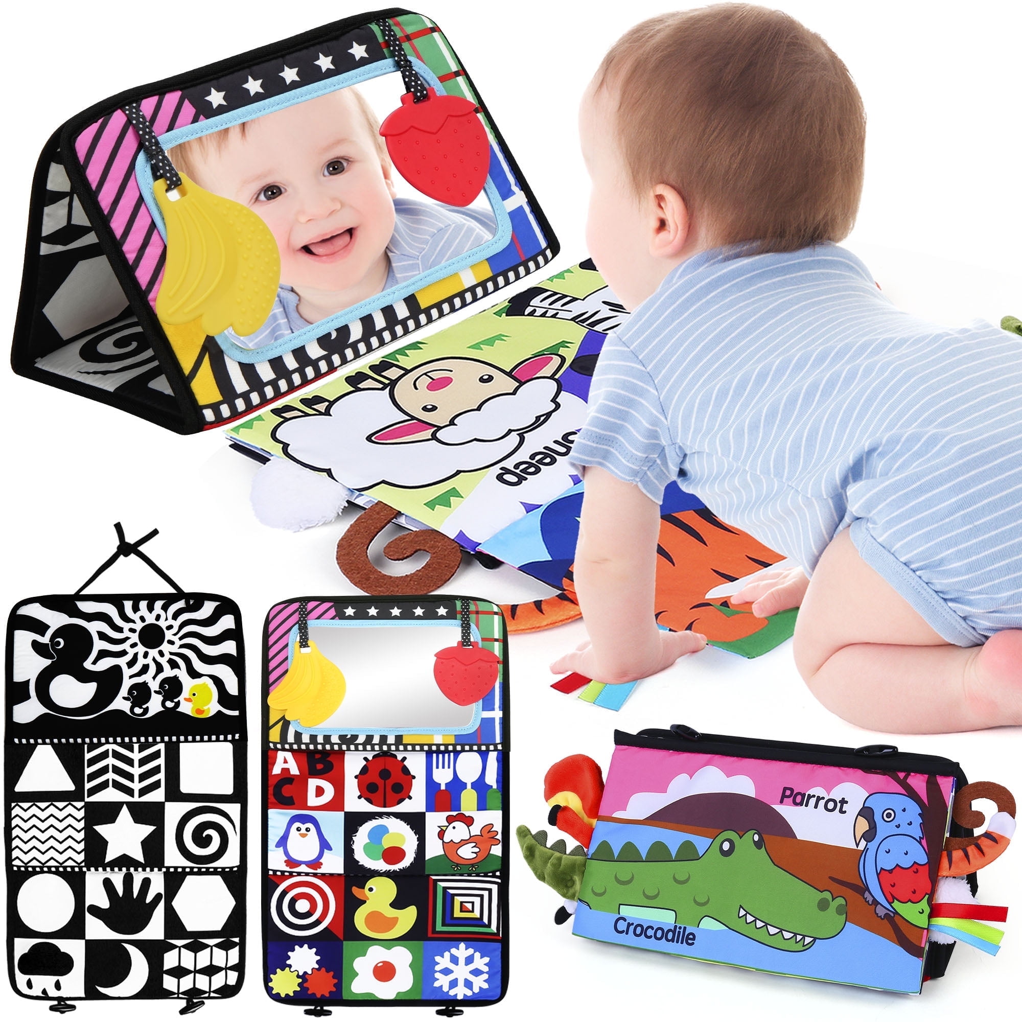 LotFancy Baby Tummy Time Mirror Toys, Crinkle Cloth Book Black and White High Contrast Infants Toys