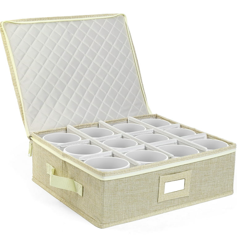 LotFancy Cup and Mug Storage Box, China Coffee Mug Storage Container with  Dividers & Handles, Beige