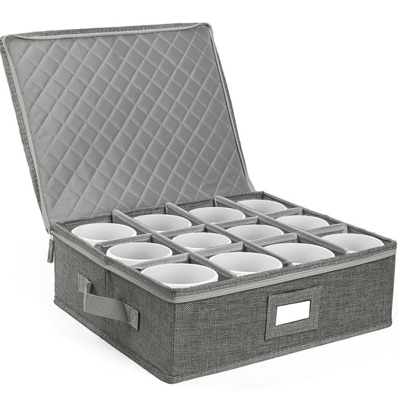 LotFancy Cup and Mug Storage Box with Dividers & Hard Handles,Holds 12 Tea Cups, Gray