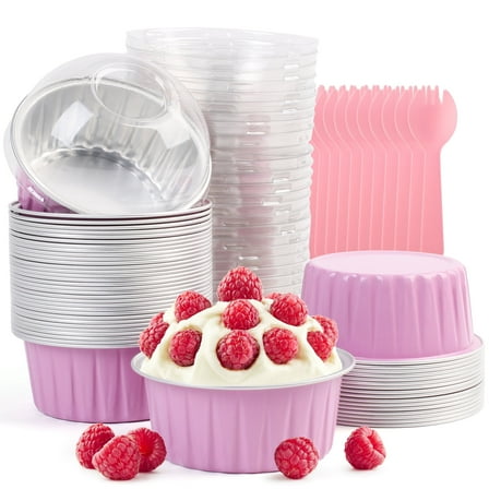 LotFancy Cupcake Liners with Lids 50pcs, 5 oz, Aluminum Foil Baking Cups, Mini Cake Pans, Pink