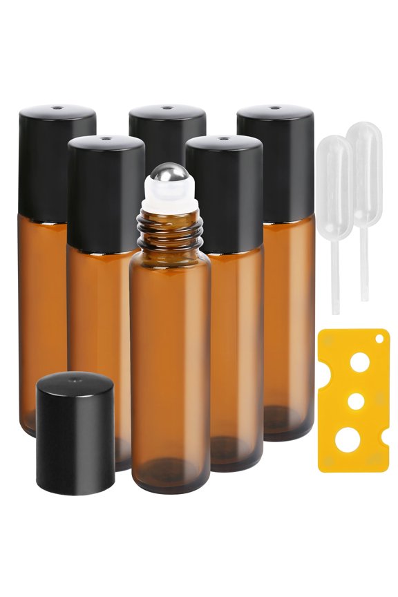 Essential Oil Roller Bottles, 6pc 10ml Amber Glass Bottle with Roller Balls and Caps