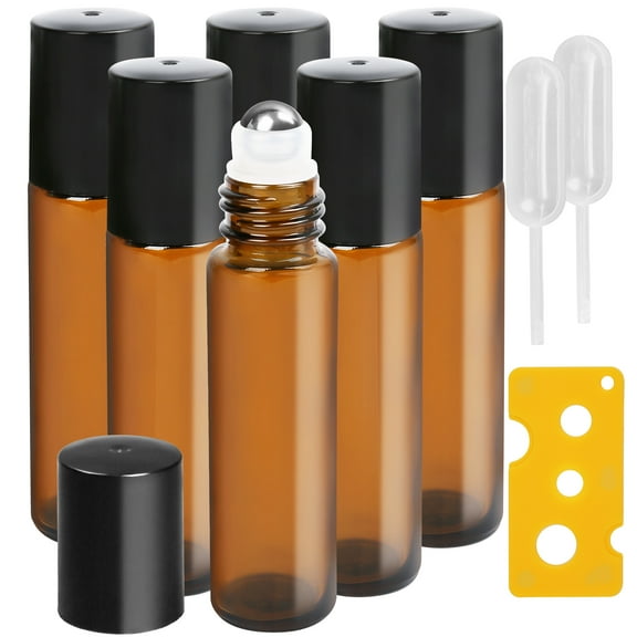 LotFancy Essential Oil Roller Bottles,  6pc 10ml Amber Glass Bottle with Roller Balls and Caps