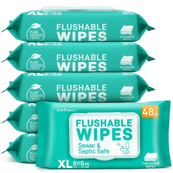 LotFancy 288 Flushable Wet Wipes, 8x6 in, XL Thick Butt Wipes, 48 Wipes Per Pack, 6 Packs
