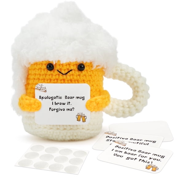 LotFancy Positive Crochet Animals, Emotional Support Crochet Beer Mug Plush with Positive Cards, Mini Funny Brithday Gifts for Women Men Teens