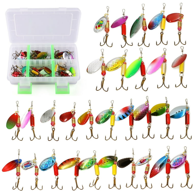 LotFancy Hard Metal Fishing Lures, 30 Spinner Baits with Tackle Box
