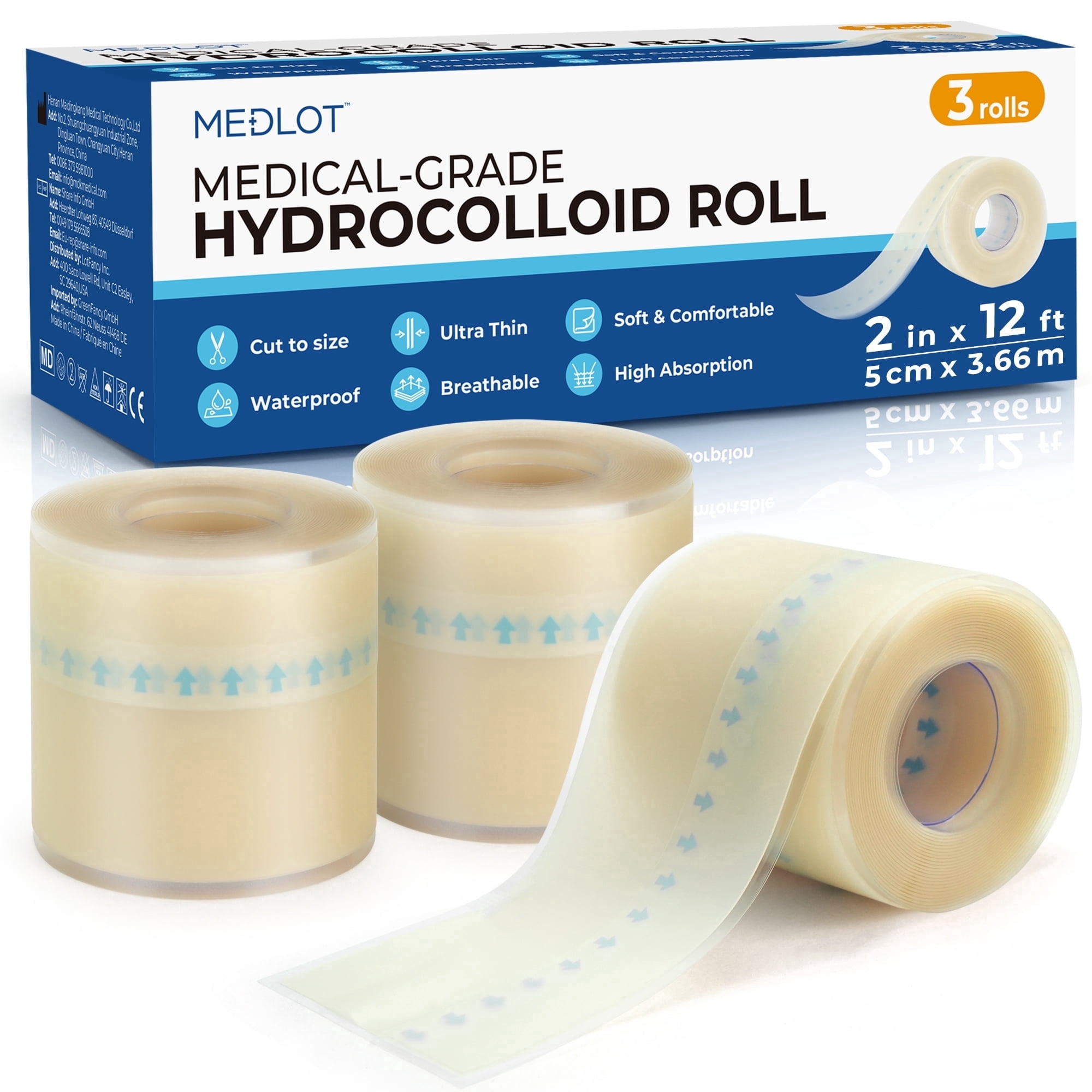 LotFancy Hydrocolloid Bandage Roll, 2in x 12ft, 3 Rolls, Waterproof Hydrocolloid Adhesive Dressing