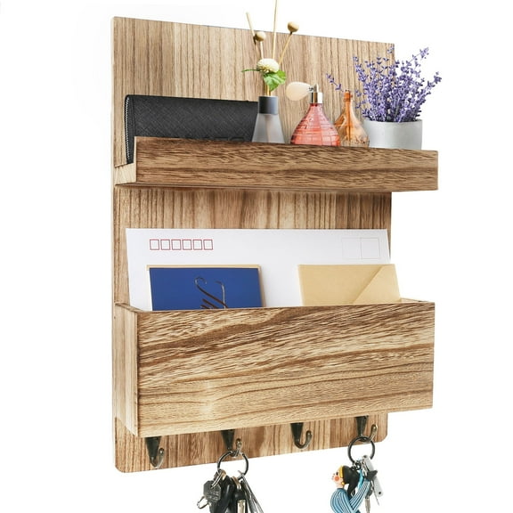 LotFancy Key Holder, Mail Organizer Wall Mount, Wooden Mail Sorter for Entryway, Hallway