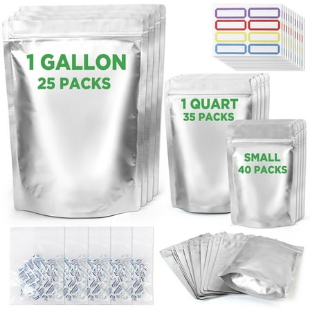 LotFancy Mylar Bags for Food Storage, 100 Pcs Resealable Foil Ziplock Bags, 3 Sizes (1 Gallon, 1 Quart, 0.5 Quart)