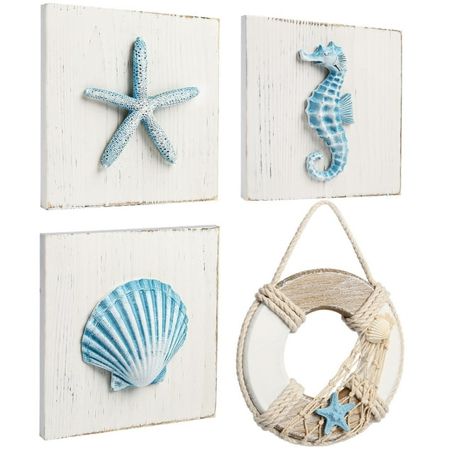LotFancy 4Pack Nautical Decor, OceanThemed Wooden Wall Art, 6x6 in for
