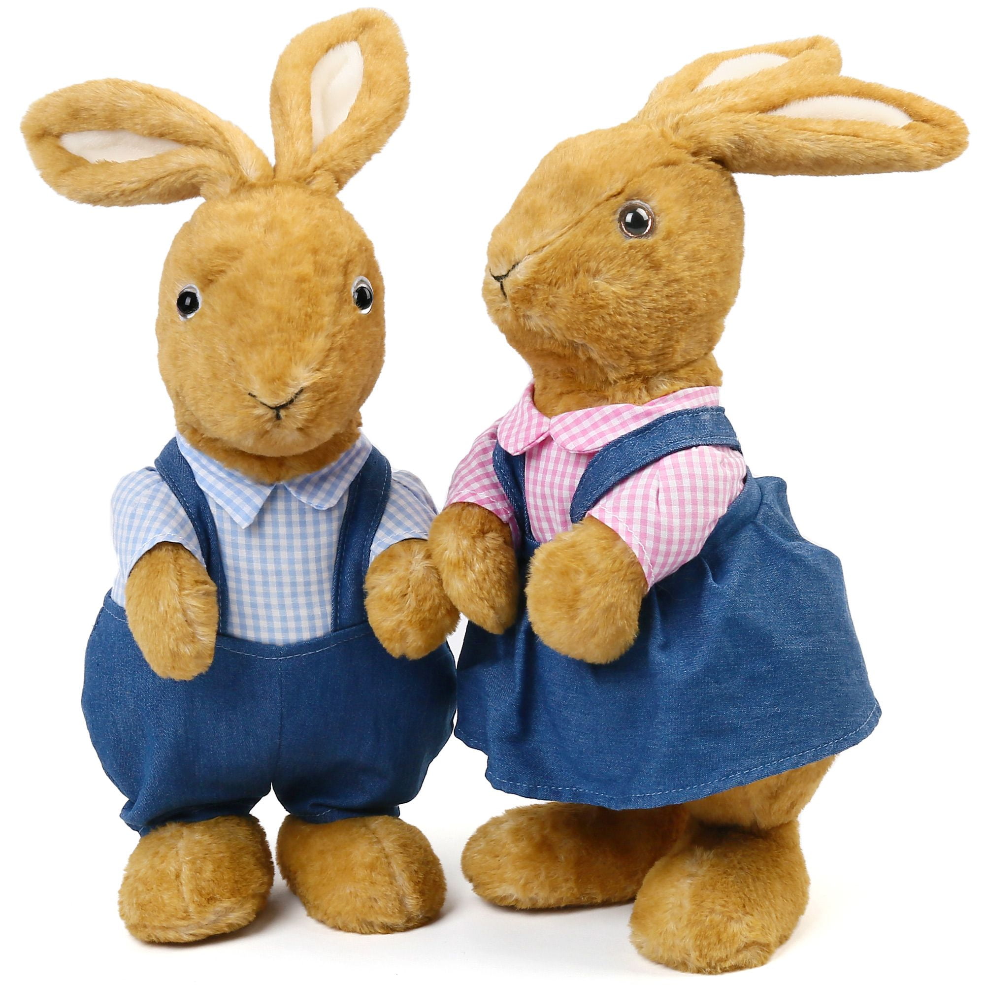 12" Brown Bunny Plush Toys with Denim Outfits, 2 Pack