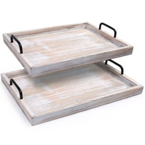 LotFancy Rustic Wood Serving Trays, Set of 2, Large Rectangle White Nesting Food Trays with Metal Handles